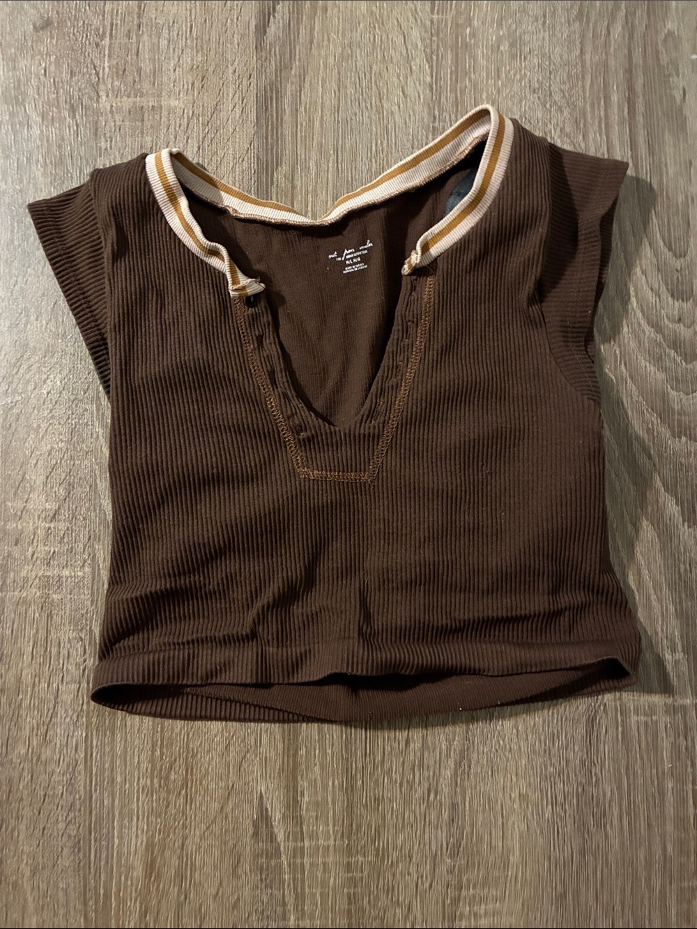 Urban Outfitters Chocolate Brown Ribbed V-Neck Crop Top with Contrast Trim